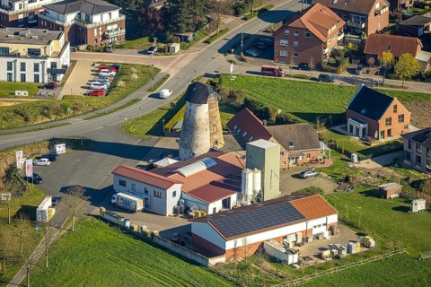 Aerial view, windmill with mill tower, mountain road, Nordkirchen, Münsterland, North