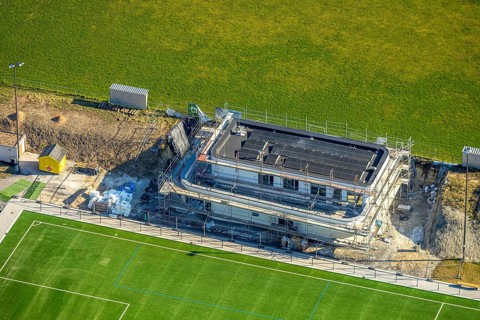 Aerial view, construction site, new sports home at the football stadium of SC 1971 Capelle,