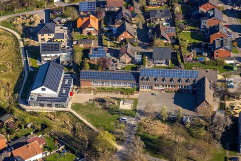 Aerial view, Capelle primary school with solar roof, Capelle, Nordkirchen, Münsterland, North