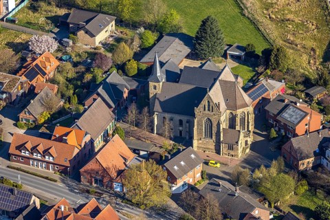 Aerial view, catholic church St. Dionysius, residential area district Capelle, Nordkirchen,