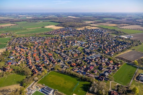 Aerial view, residential area, view of Capelle, meadows and fields with distant view, Capelle,