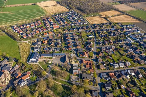 Aerial view, residential area, view of Capelle with primary school and village community centre,
