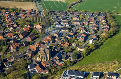 Aerial view, catholic church St. Dionysius, residential area district Capelle, Nordkirchen,