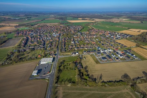 Aerial view, residential area local view Capelle, Bahnhofstraße with new building Netto