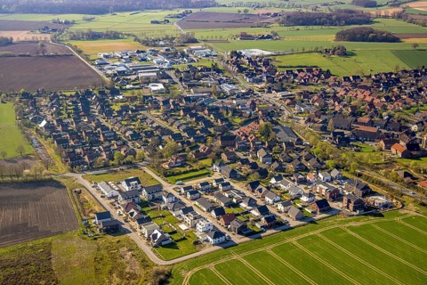 Aerial view, single-family houses, construction site, new building, residential area Capeller