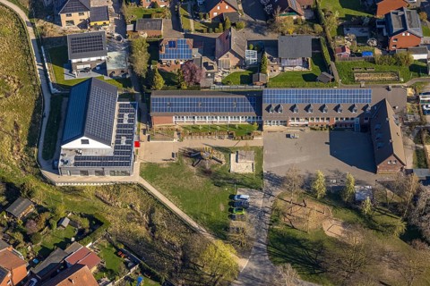 Aerial view, Capelle primary school with solar roof, Capelle, Nordkirchen, Münsterland, North