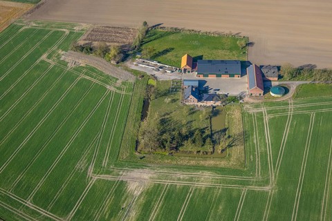 Aerial view, farm and meadow on Bahnhofstrasse, Befang, Capelle, Nordkirchen, Münsterland, North