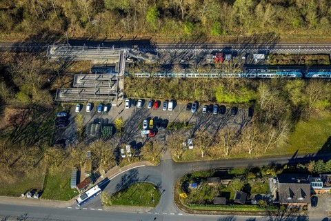 Aerial view, Capelle (Westf) station and suburban railway, forested railway line, Capelle,