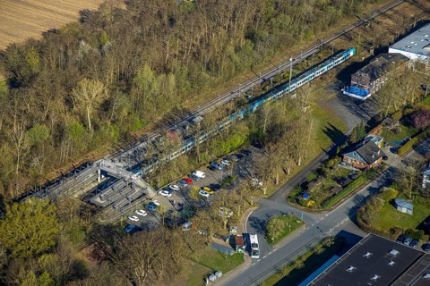 Aerial view, Capelle (Westf) station and suburban railway, forested railway line, Capelle,