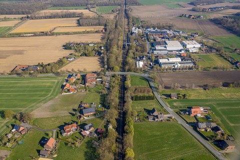 Aerial view, railway station Capelle (Westf), commercial area Magdheide, wooded railway line and