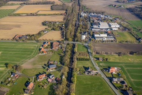 Aerial view, railway station Capelle (Westf), commercial area Magdheide, wooded railway line and