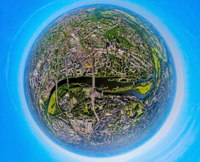 Aerial view, city centre view, Ruhr river and Ruhr island, castle bridge, globe, fisheye image, 360