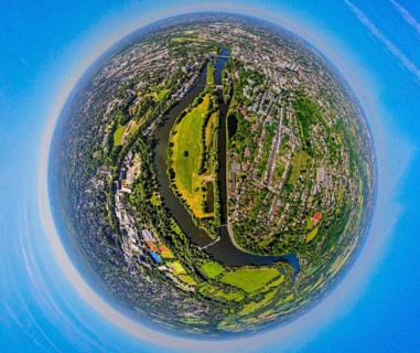 Aerial view, Mülheim centre with Ruhr island, river Ruhr and lock canal, globe, fisheye image, 360