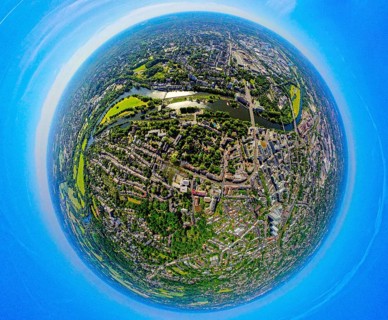 Aerial view, Mülheim centre with Ruhr island, river Ruhr and lock canal, castle bridge, globe,