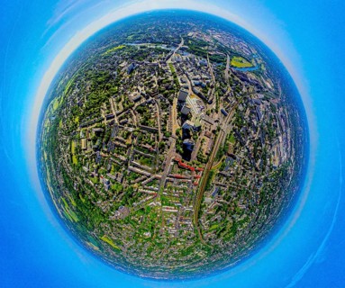 Aerial view, central station Hbf, Mülheim Mitte and skyscrapers Forum City, Hans-Böckler-Platz,