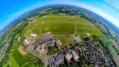 Aerial view, Essen-Mülheim airfield with runway and landing strip, airship and airship hangar,