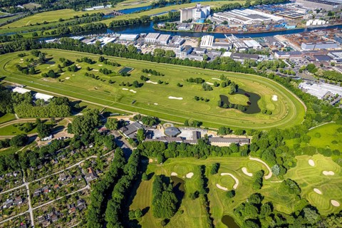 Aerial view, racecourse with golf course Golfclub Mülheim an der Ruhr Raffelberg, Südhafen,