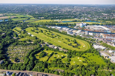 Aerial view, racecourse with golf course Golfclub Mülheim an der Ruhr Raffelberg, Südhafen,