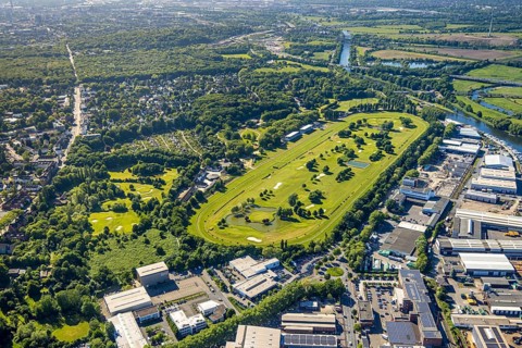 Aerial view, racecourse with golf course Golfclub Mülheim an der Ruhr Raffelberg, Südhafen,