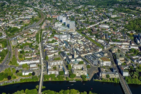 Aerial view, river Ruhr and castle bridge, city centre with Dickswall skyscrapers, Forum City,