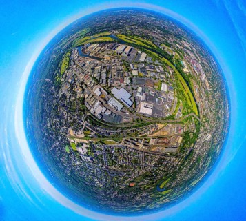 Aerial view, industrial area Weseler Straße and Rhine-Ruhr harbour Mülheim, globe, fisheye image,
