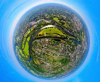 Aerial view, Mülheim centre with Ruhr island, river Ruhr and lock canal, globe, fisheye image, 360