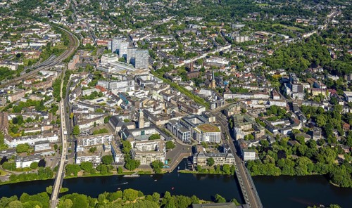 Aerial view, river Ruhr and castle bridge, city centre with Dickswall skyscrapers, Forum City,