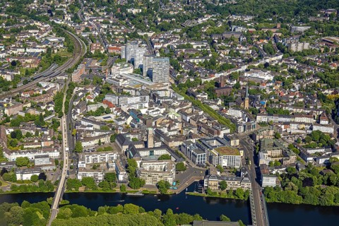 Aerial view, river Ruhr and castle bridge, city centre with Dickswall skyscrapers, Forum City,