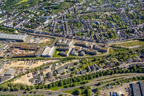 Aerial view, Hochschule Ruhr West - Campus Mülheim, dead end of the Ruhr RS1 cycle highway behind