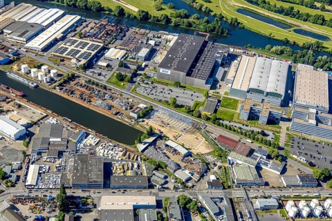 Aerial view, Südhafen-Mülheim, industrial estate Rheinstraße and Timmerhellstraße, Speldorf,