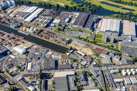 Aerial view, Südhafen-Mülheim, industrial estate Rheinstraße and Timmerhellstraße, Speldorf,