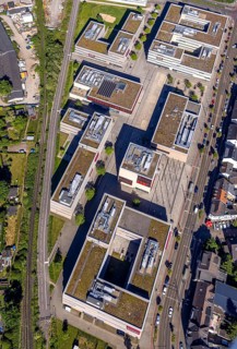 Aerial view, Hochschule Ruhr West - Campus Mülheim, dead end of the Ruhr RS1 cycle highway behind