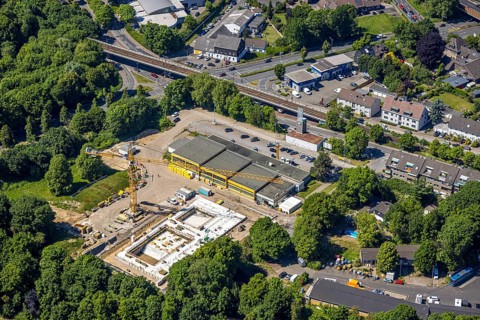 Aerial view, Friedrich-Wennmann-Bad, construction site and renovation, swimming pool renovation,