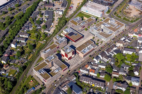 Aerial view, Hochschule Ruhr West - Campus Mülheim, dead end of the Ruhr RS1 cycle highway behind