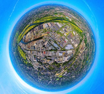 Aerial view, industrial area Weseler Straße and Rhine-Ruhr harbour Mülheim, globe, fisheye image,
