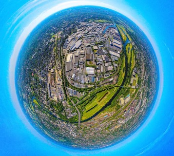 Aerial view, industrial area Weseler Straße and Rhine-Ruhr harbour Mülheim, globe, fisheye image,
