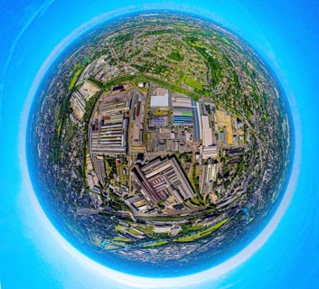 Aerial photograph, Salzgitter Mannesmann Röhrenwerke industrial estate, globe, fisheye image,