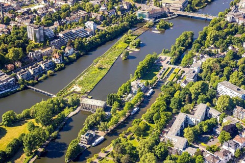 Aerial view, Ruhrinsel and Ruhrschleuse with water station gastronomy at the river Ruhr, Altstadt I