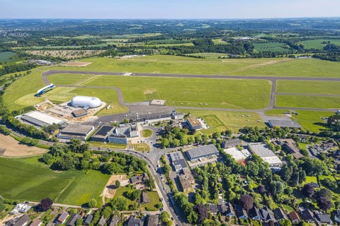 Aerial view, Essen/Mülheim Airport, Goodyear airship Zeppelin, construction site next to the WDL