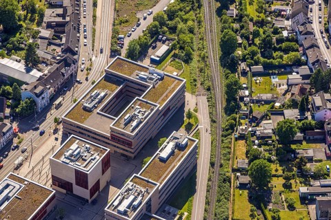 Aerial view, Hochschule Ruhr West - Campus Mülheim, dead end of the Ruhr RS1 cycle highway behind