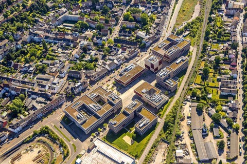Aerial view, Hochschule Ruhr West - Campus Mülheim, dead end of the Ruhr RS1 cycle highway behind