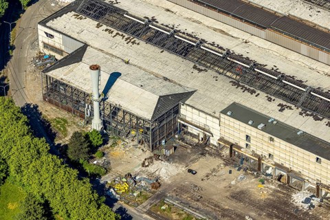 Aerial view, detail shot demolition work Vallourec plant, construction site construction work Flex