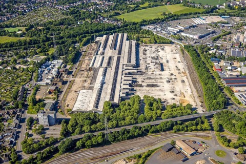 Aerial view, demolition work Vallourec plant, construction site construction work Flex City