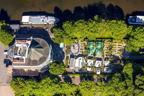 Aerial view, Restaurant Wasserbahnhof on the Schleuseninsel with landing stage Weiße Flotte,