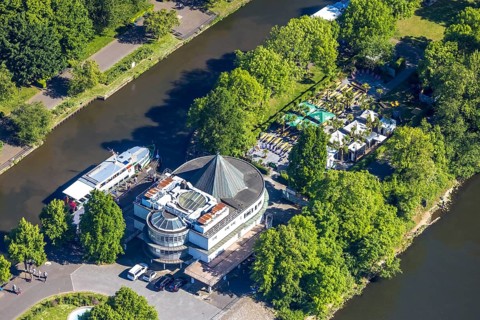 Aerial view, Restaurant Wasserbahnhof on the Schleuseninsel with landing stage Weiße Flotte,