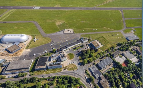 Aerial view, Essen/Mülheim Airport, construction site next to the WDL airship hangar, construction