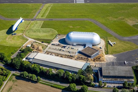 Aerial view, Airport Essen/Mülheim, Goodyear airship Zeppelin, construction site next to the WDL