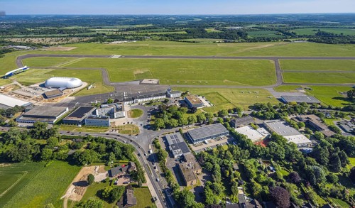 Aerial view, Essen/Mülheim Airport, Goodyear airship Zeppelin, construction site next to the WDL