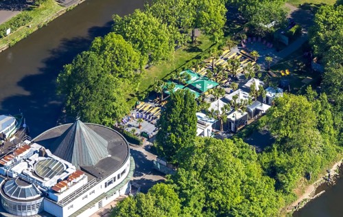 Aerial view, Restaurant Wasserbahnhof on the Schleuseninsel with landing stage Weiße Flotte,