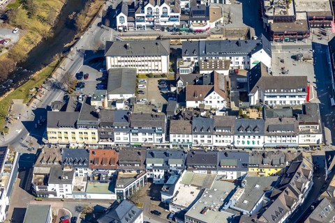 Aerial view, tax office, residential area with shopping street Ruhrstraße, Meschede town, Meschede,